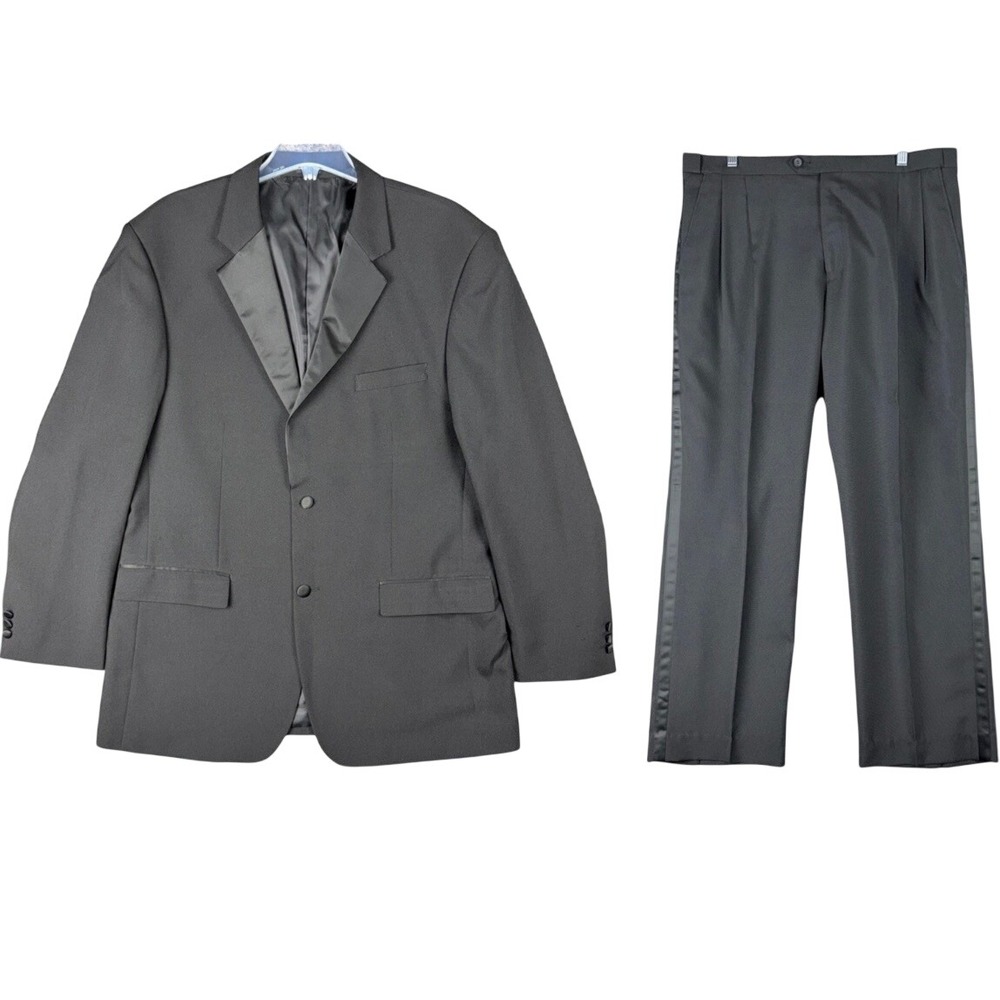 Gianni Vironi Mens Black Tuxedo Suit Set Jacket 44R Pleated Pants 38W 30L Satin